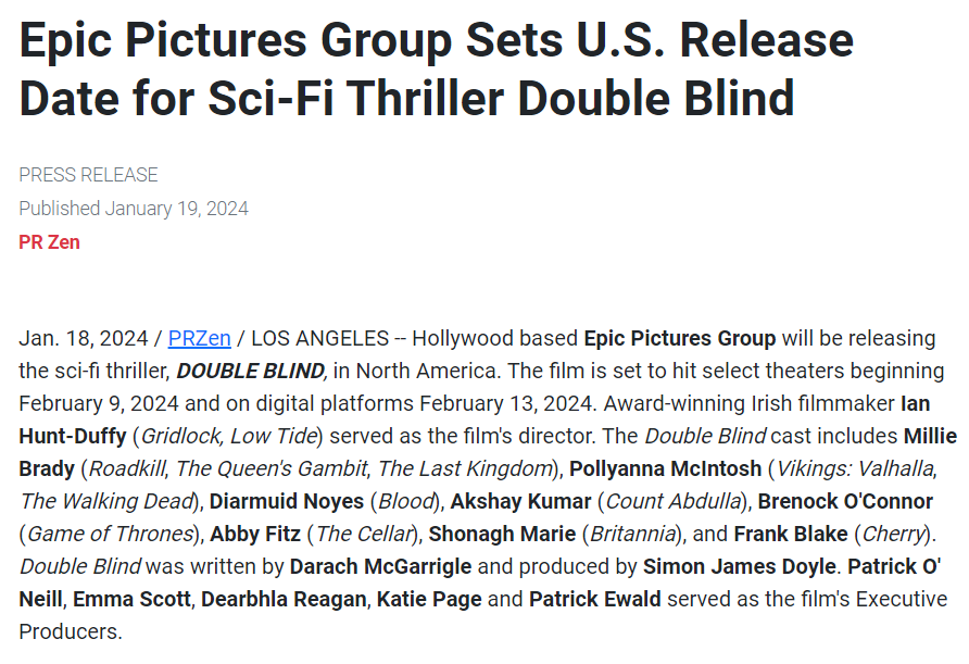 Epic Pictures Group Sets U.S. Release Date for Sci-Fi Thriller Double Blind 